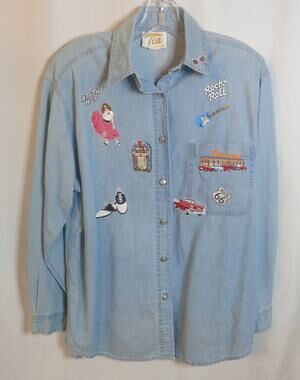 VINTAGE TIA DESIGNS Denim Jean Shirt 1950's Theme Size S Women's Rock n Roll